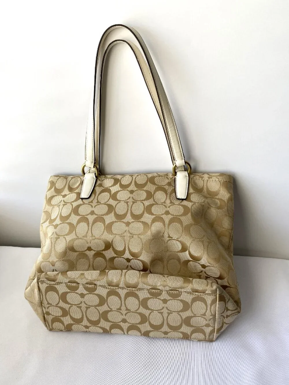 Coach Signature Jacquard Tote Bag | Beige and Ivory Designer Handbag | Large Bag